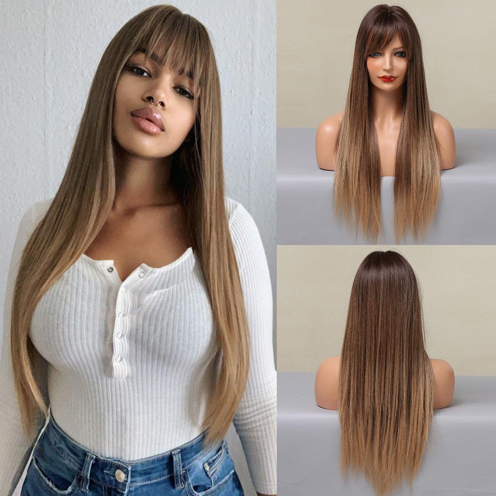 Perucas Sintéticas Cabelo Longo Liso com Franja resistente ao calor - Esplendor