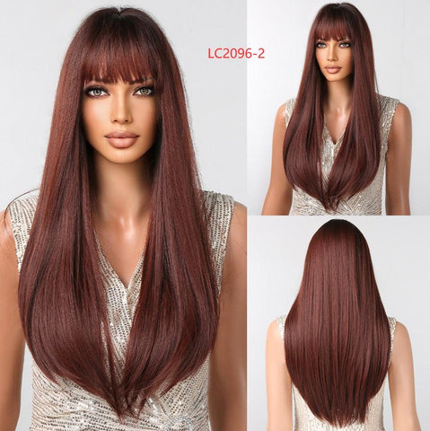 Perucas Sintéticas Cabelo Longo Liso com Franja resistente ao calor - Esplendor