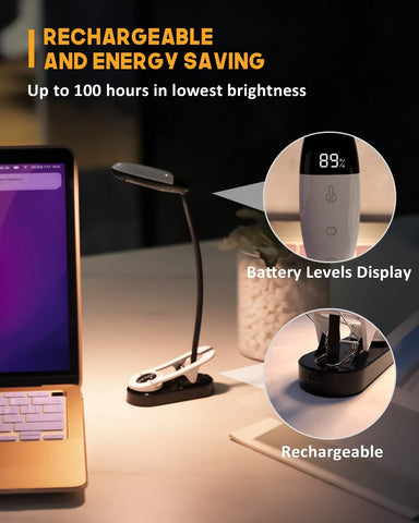 Mini LED for Reading with 3 Colors and 5 Rechargeable Brightness Levels - Flexible Lighting