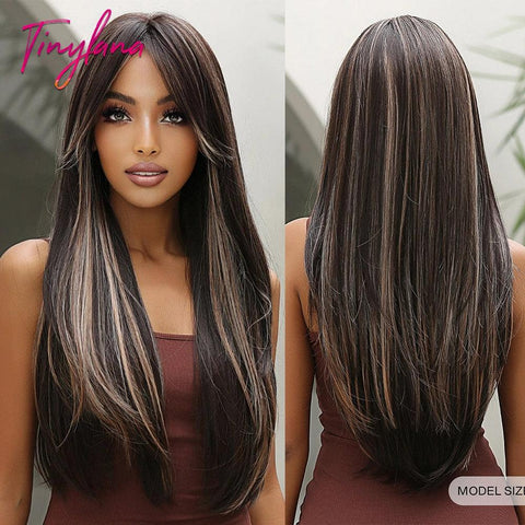 Perucas Sintéticas Cabelo Longo Liso com Franja resistente ao calor - Esplendor